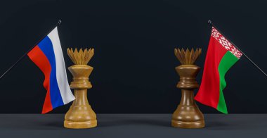Rusya bayrağı ve Belarus bayrağı ve satranç tahtasında satranç kralı, Rusya Belarus ülkelerine karşı siyasi çatışma ve savaş konsepti, 3D çalışma ve 3D imaj