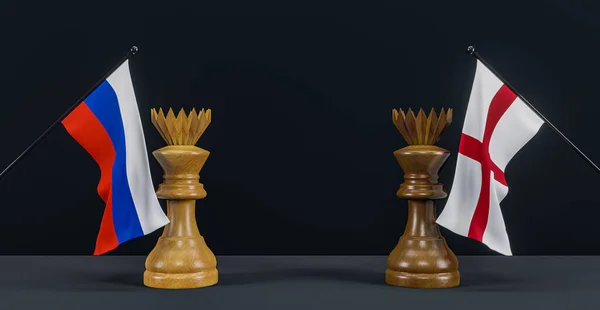 Russia flag and England flag and chess king on chessboard, Russia vs England countries political conflict and war concept, 3D work and 3D image