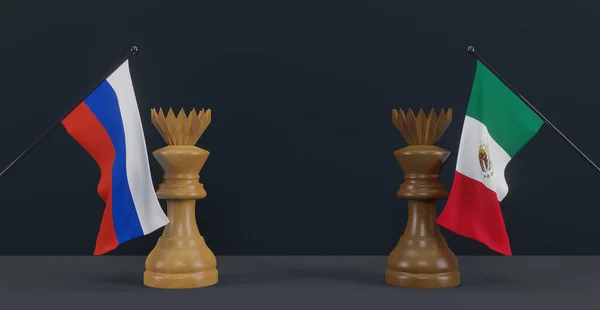 Russia flag and Mexico flag and chess king on chessboard, Russia vs Mexico countries political conflict and war concept, 3D work and 3D image