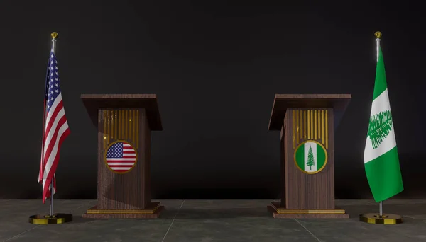 USA and Norfolk Island flag. USA and Norfolk Island negotiations. Rostrum for speeches. 3D work and 3D image