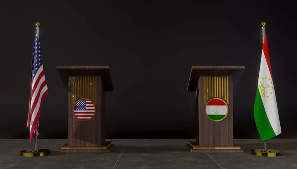 Usa Tajikistan Flag Usa Tajikistan Negotiations Rostrum Speeches Work Image — Photo