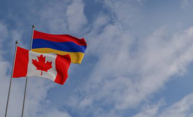 Ermenistan ve Kanada bayrakları, Mavi gökyüzü ve bayrak Ermenistan ve Kanada, 3D çalışma ve 3D görüntü