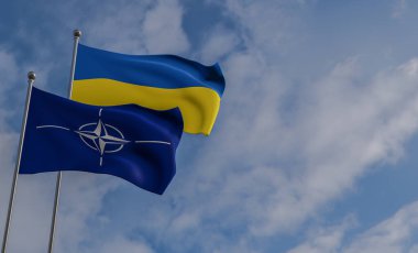 Ukraine and NATO flags, Blue sky and flag Ukraine and NATO, 3D work and 3D image, Yerevan, Armenia - 2022 July 09: