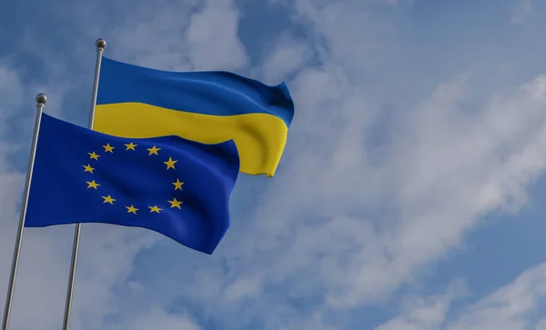 Ukraine and Europe flags, Blue sky and flag Ukraine and Europe, 3D work and 3D image