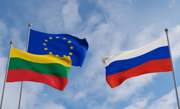Lithuania European Union and Russia flags. Blue sky flag Lithuania flag European Union flag Russia, 3D work and 3D image