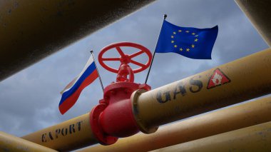 Pipe of gas from Russia to European Union, Valve on the main gas pipeline Russia, Sanctions concept, 3D work and 3D image