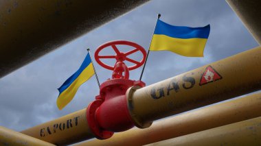 Valve on the main gas pipeline Ukraine, Pipeline with flags Ukraine, Pipes of gas from Ukraine, export of gas by Ukraine, 3D work and 3D image