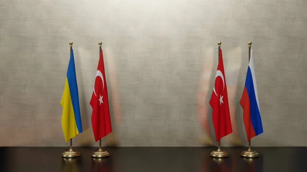 Russia and Ukraine and turkey flags. Flag Russia and Flag Ukraine and flag turkey Conflict between Russia vs Ukraine. 3D work and 3D image