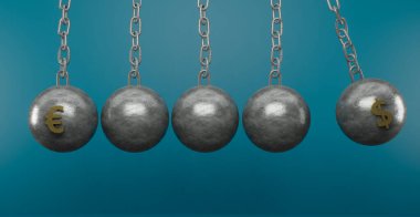 Avro ve dolar döviz kurlarına kıyasla. Metal bir top üzerinde altın avro ve dolar sembolleri, EURO para birimine karşı Dolar, EURO dolar, 3D çalışma ve 3D illüstrasyon