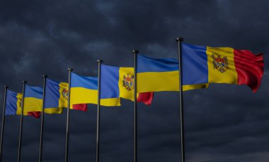 Ukrayna ve Moldova bayrakları, Ukrayna bayrağı ve kara gökyüzü ve bulutlu Moldova bayrağı. Bayraklar. 3B çalışma ve 3B resim