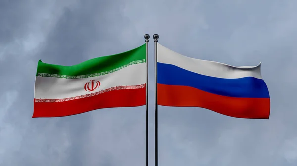 Iran and Russia flags, Blue sky and flag Iran vs flag Russia, Iran Russia flags, 3D work and 3D image