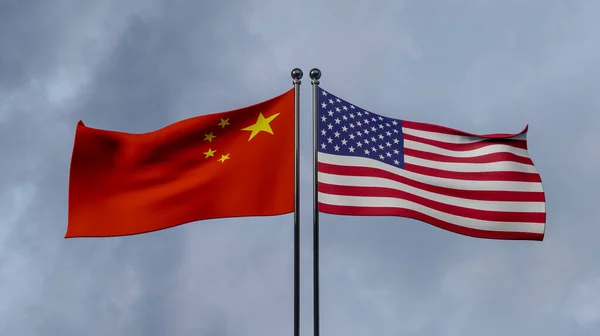 China and USA flags, Blue sky and flag China vs flag USA, China USA flags, 3D work and 3D image