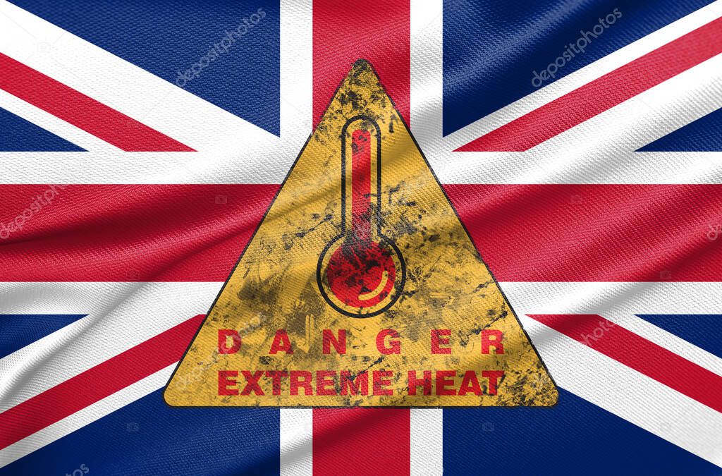 Danger extreme heat in United Kingdom, heatwave in United Kingdom, Flag United Kingdom with text extreme heat, 3D work and 3D image