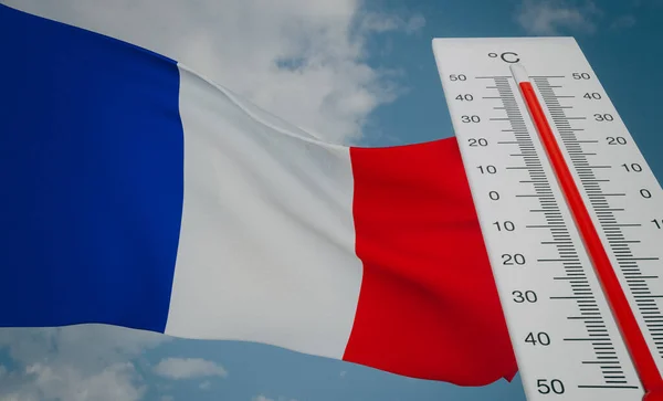 Ondata Calore Francia Termometro Davanti Alla Bandiera Francia Sfondo Cielo — Foto Stock