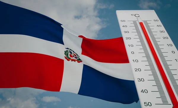 Heat wave in Dominican Republic, Thermometer in front of flag Dominican Republic and sky background, heatwave in Dominican Republic, Danger extreme heat in Dominican Republic, 3D work and 3D image