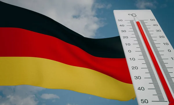 Heat Wave Germany Thermometer Front Flag Germany Sky Background Heatwave — Stockfoto