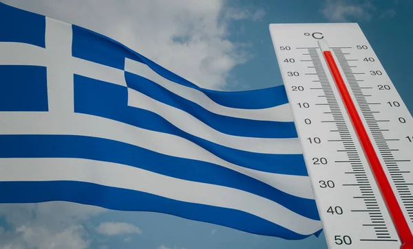 Heat Wave Greece Thermometer Front Flag Greece Sky Background Heatwave — Fotografia de Stock