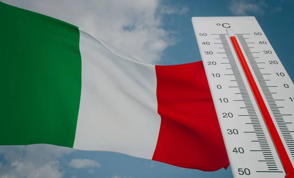 Onda Calor Itália Termômetro Frente Bandeira Itália Fundo Céu Onda — Fotografia de Stock