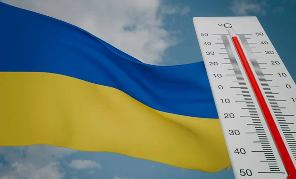 Heat wave in Ukraine, Thermometer in front of flag Ukraine and sky background, heatwave in Ukraine, Danger extreme heat in Ukraine, 3D work and 3D image