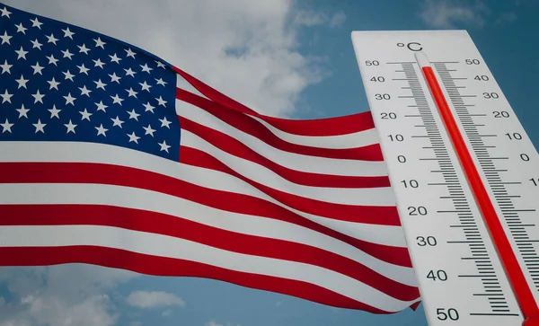 Heat wave in USA, Thermometer in front of flag USA and sky background, heatwave in USA, Danger extreme heat in USA, 3D work and 3D image