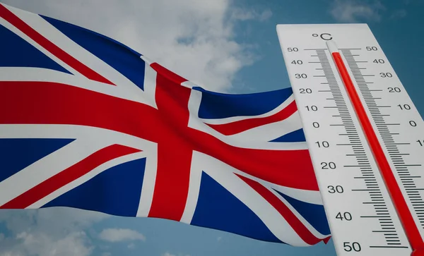 Heat wave in United Kingdom, Thermometer in front of flag United Kingdom and sky background, heatwave in United Kingdom, Danger extreme heat in United Kingdom, 3D work and 3D image
