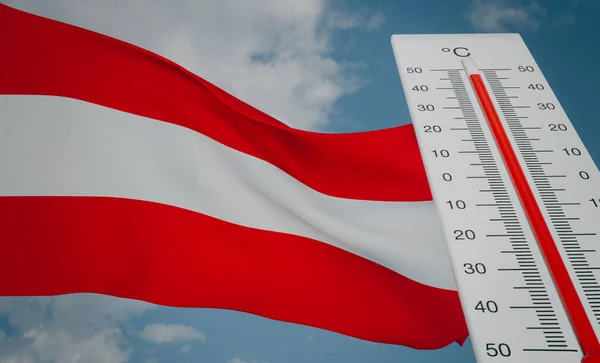 Heat Wave Austria Thermometer Front Flag Austria Sky Background Heatwave — Stock Photo, Image
