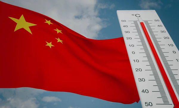 Heat wave in China, Thermometer in front of flag China and sky background, heatwave in China, Danger extreme heat in China, 3D work and 3D image