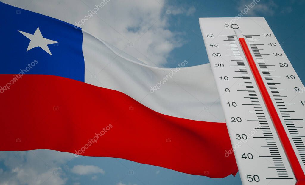 Heat wave in Chile, Thermometer in front of flag Chile and sky