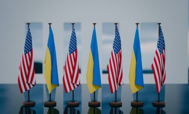 USA and Ukraine flags, flag USA and flag Ukraine, supports Ukraine,  3D work and 3D image