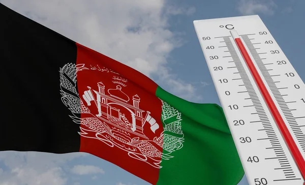 Hőhullám Afganisztánban Hőmérő Zászló Előtt Afganisztán Égbolt Háttér Hőhullám Afganisztánban — Stock Fotó