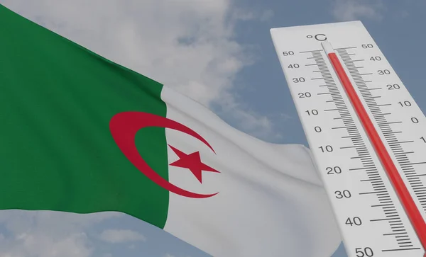 Heat wave in Algeria, Thermometer in front of flag Algeria and sky background, heatwave in Algeria, Danger extreme heat in Algeria, 3D work and 3D image