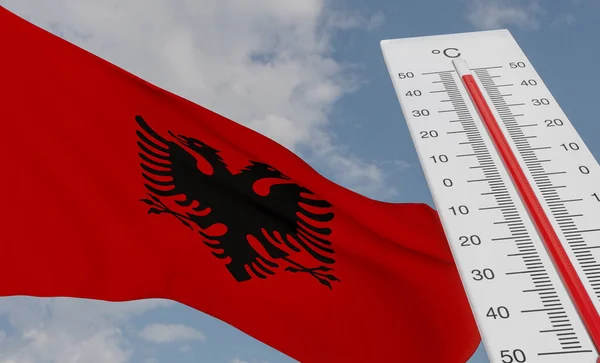 Heat wave in Albania, Thermometer in front of flag Albania and sky background, heatwave in Albania, Danger extreme heat in Albania, 3D work and 3D image