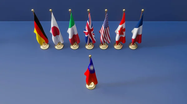 G7 countries against China, Flags of G7 countries, Taiwan flag. Stop war Taiwan and China, G7 supports Taiwan, 3D work and 3D illustration