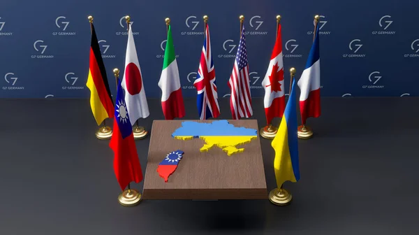 G7 countries against China, Flags of G7 countries, Taiwan flag. Stop war Taiwan and China, G7 supports Taiwan, 3D work and 3D illustration