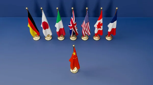 G7 countries against China, flags of members of G7 group of seven and list of countries and China flag. Group of Seven. 3d illustration and 3d work