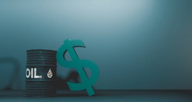 Petrol, varil dolusu petrol ve dolar sembolleri, küresel akaryakıt fiyatlarının yükseltilmesi ve petrol kıtlığı, 3 boyutlu çalışma ve 3 boyutlu illüstrasyon