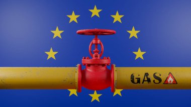 Rus doğalgazı, Rus doğalgaz boru hattı Rusya 'dan Avrupa' ya. Avrupa bayrağı ve Rusya bayrağı, Rus doğalgazına karşı yaptırımlar. 3B çalışma ve 3B illüstrasyon
