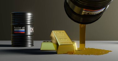 Rus petrolü, varil arka planı, düşen petrol fiyatlarının gösterimi, Rus petrolüne uygulanan yaptırımlar, 3B çalışma ve 3B illüstrasyon