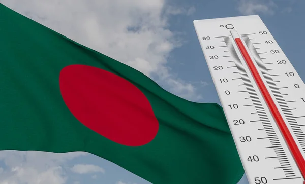 Heat Wave Bangladesh Thermometer Front Flag Bangladesh Sky Background Heatwave — Stock Fotó
