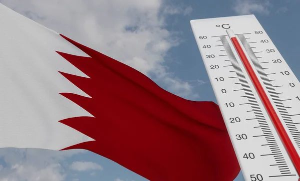 Hőhullám Bahreinben Hőmérő Zászló Előtt Bahrein Égbolt Háttér Hőhullám Bahreinben — Stock Fotó