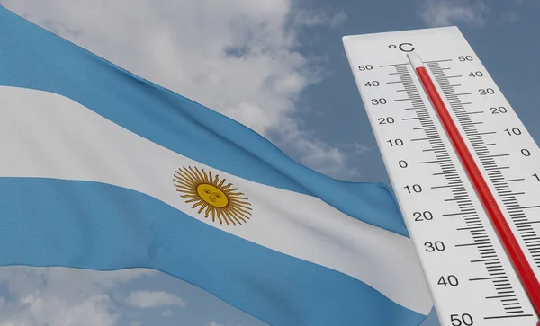 Heat Wave Argentina Thermometer Front Flag Argentina Sky Background Heatwave — Φωτογραφία Αρχείου