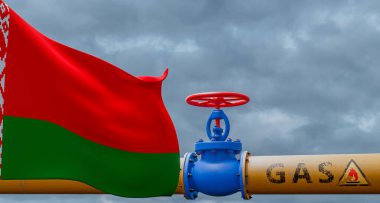 Belarus gazı, ana gaz boru hattı Belarus 'ta valf, Beyaz Rusya' da bayraklı boru hattı, Beyaz Rusya 'dan gaz boruları, 3 boyutlu çalışma ve 3 boyutlu görüntü.