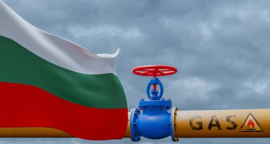 Bulgaristan doğalgazı, Bulgaristan 'ın ana doğalgaz boru hattının vanası, Bulgaristan' ın bayrağı, Bulgaristan 'ın doğalgaz boruları, 3D çalışma ve 3D görüntü boru hattı