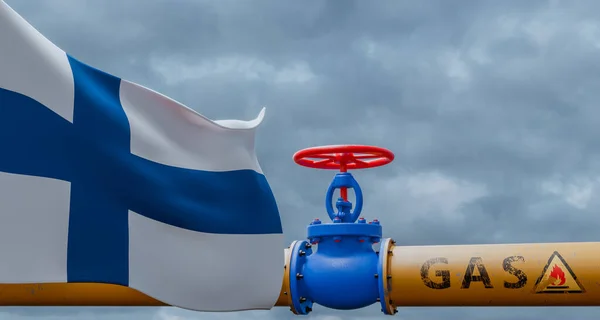 Finland gas, valve on the main gas pipeline Finland, Pipeline with flag Finland, Pipes of gas from Finland, 3D work and 3D image