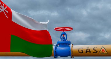 Umman gazı, ana gaz boru hattında valf Umman, boru hattı Umman bayrağı, Umman 'dan gaz boruları, 3D iş ve 3D görüntü.