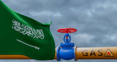 Suudi Arabistan doğalgazı, Suudi Arabistan ana gaz boru hattında valf, Suudi Arabistan bayrağı taşıyan boru hattı, Suudi Arabistan 'dan gaz boruları, 3D çalışma ve 3D görüntü