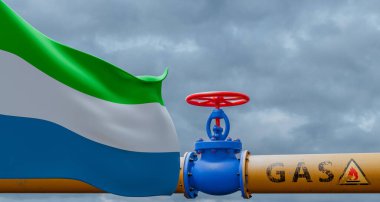 Sierra Leone gazı, ana gaz boru hattı Sierra Leone 'nin vanası, Sierra Leone bayrağıyla boru hattı, Sierra Leone' den gaz boruları, 3D iş ve 3D görüntü.