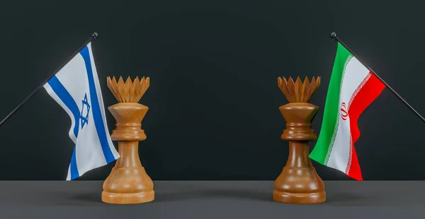 Israel flag and Iran flag and chess king on chessboard, Israel vs Iran countries political conflict and war concept, 3D work and 3D image