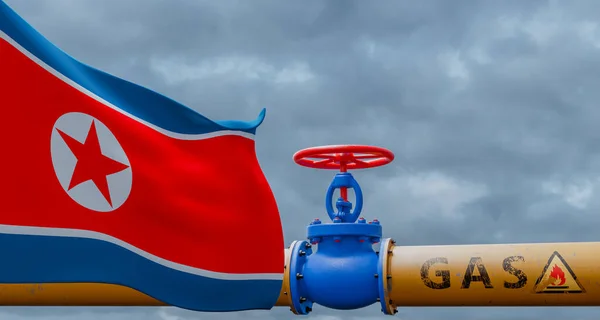 North Korea gas, valve on the main gas pipeline North Korea, Pipeline with flag North Korea, Pipes of gas from North Korea, 3D work and 3D image