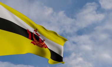 Brunei bayrağı, Brunei bayrağı, Brunei kumaş bayrağı, Brunei bayrağı ile mavi gökyüzü arkaplanı, 3 boyutlu çalışma ve 3 boyutlu görüntü